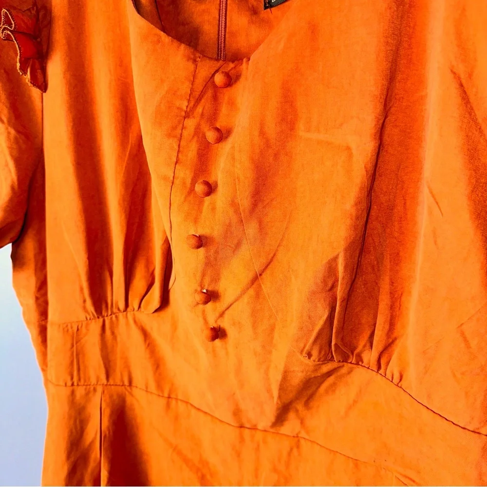 SHEIN Orange Ruffle and Ruched Cottagecore Puff Sleeve Maxi Dress